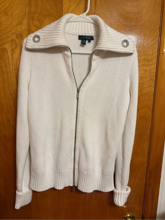 Ralph Lauren Sweaters - Ralph Lauren Cream Zip-Up Ribbed Collar Cardigan